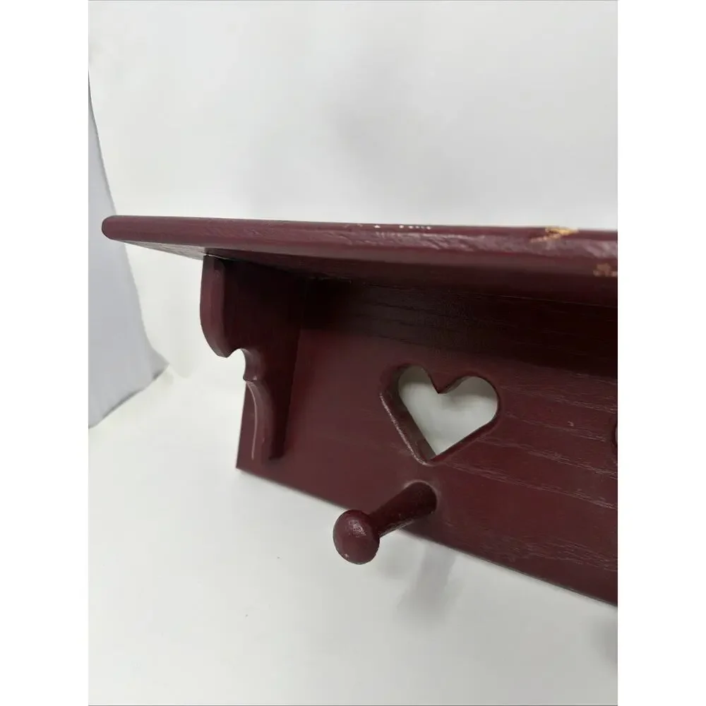 Vintage Plum Solid Wood Heart Cut Out Wall Shelf With 3 Pegs Granny Core 21